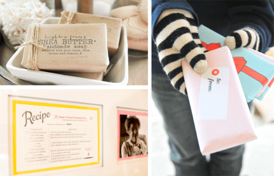 A collage of photos showing a person holding a gift bag, featuring simple handmade gifts.