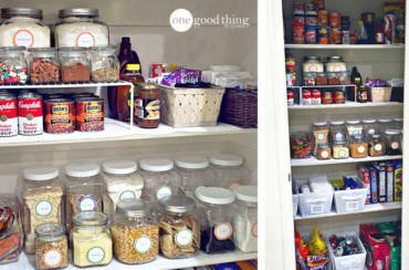 An inexpensive pantry makeover with a simple arrangement of jars and jars of food.