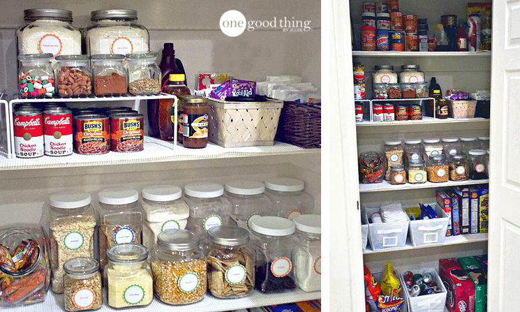 An inexpensive pantry makeover with a simple arrangement of jars and jars of food.