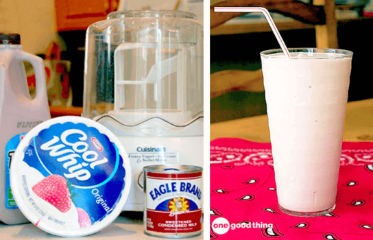 A homemade picture of a milkshake with a bottle of milk.