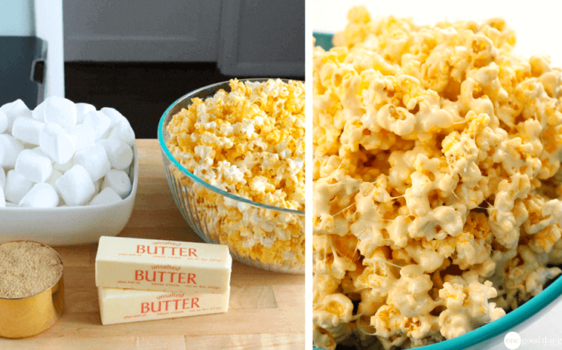 A bowl of popcorn with a dollop of butter on top sits on a table.