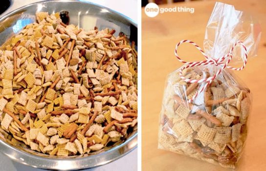 A bag of Party Mix and a bag of Sweet and Savory.