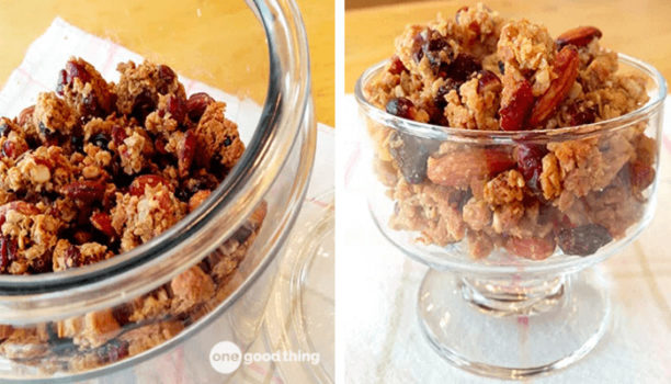 Two pictures of homemade granola in a glass bowl.