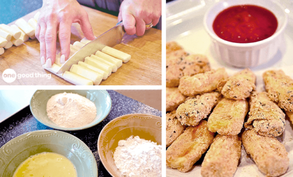 A person is slicing a piece of bread to make a delicious sandwich with mozzarella sticks.