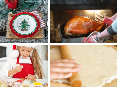 A collage of pictures of a girl baking a turkey for holiday entertaining.