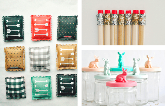 A charming collection of simple handmade gifts, featuring a delightful collage of items such as pencils, jars, and a bunny.