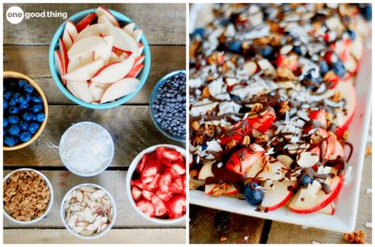 A side-by-side image of apple nachos ingredients, including bowls of apple slices, strawberries, blueberries, granola, almonds, chocolate chips, and shredded coconut, and a tray of apple nachos.