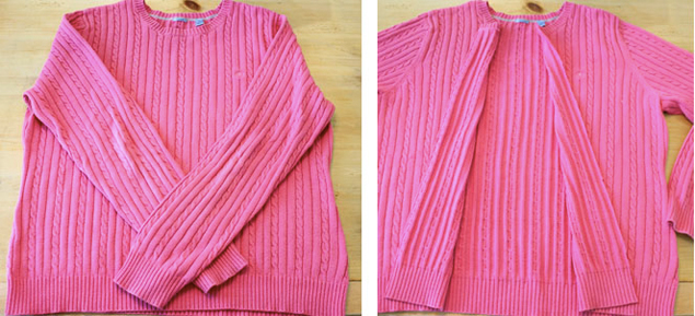 Crew neck sweater converted into an open cardigan