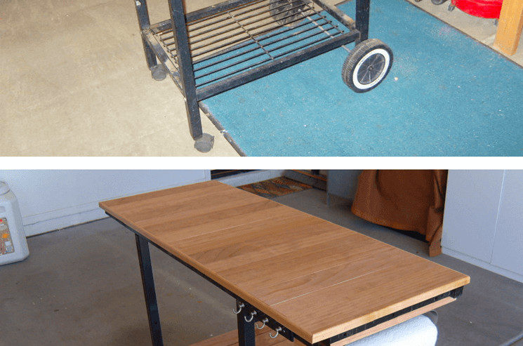 Two pictures of a kitchen cart with a wooden top, perfect for backyard hangouts.