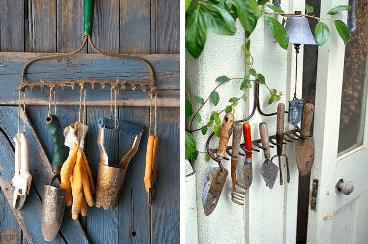 Genius backyard ideas - garden tools hang out from a door.
