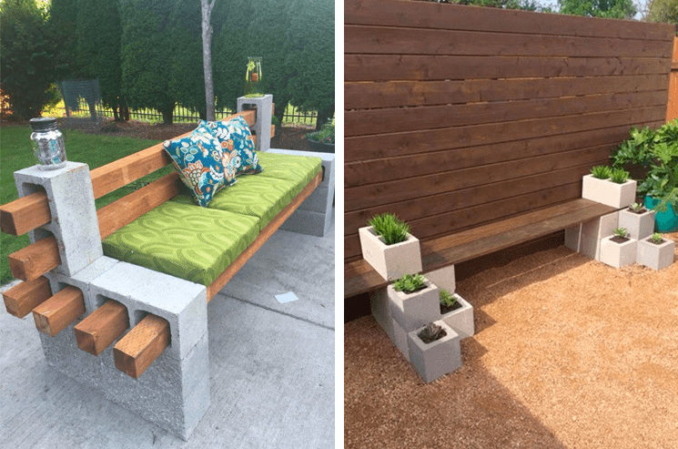 Two pictures of a backyard bench made out of concrete blocks, perfect for hanging out.