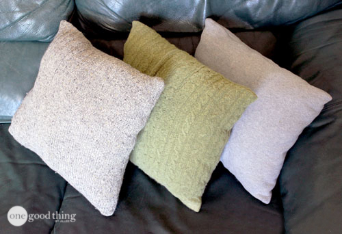 Throw pillows made from old sweaters