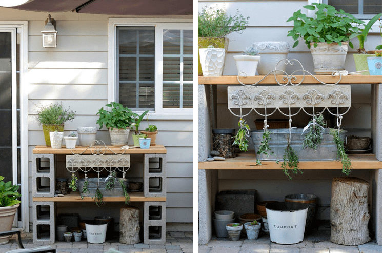 Two pictures of a backyard wooden shelf adorned with potted plants, inviting a harmonious and refreshing hang out environment.