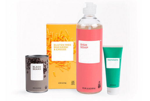 A package of generic shampoo, conditioner, soap, and toothpaste.