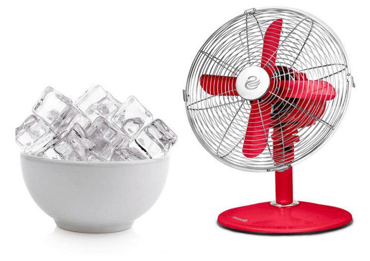 Quickly chill out with a red fan and a bowl of ice cubes.