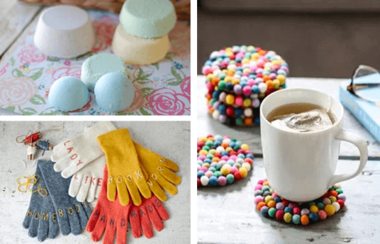A collage of handmade gifts including gloves, mugs, and a cup of coffee.