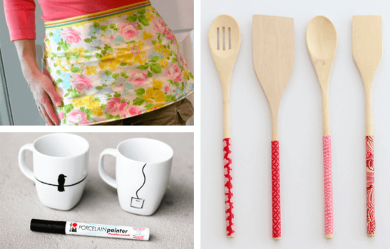 A stunning collage featuring handcrafted kitchen utensils, cups, and aprons - perfect for unique handmade gifts.