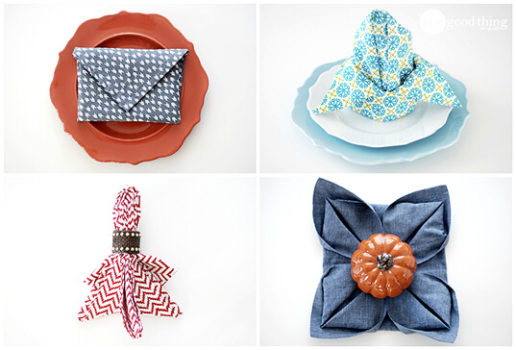 A collection of simple and elegant pictures featuring napkin folds and plates, with the occasional pop of pumpkins.