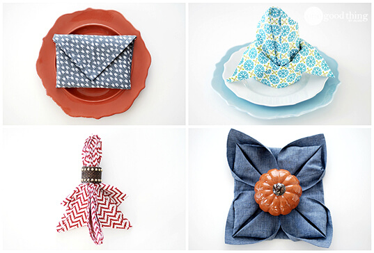 A collection of simple and elegant pictures featuring napkin folds and plates, with the occasional pop of pumpkins.