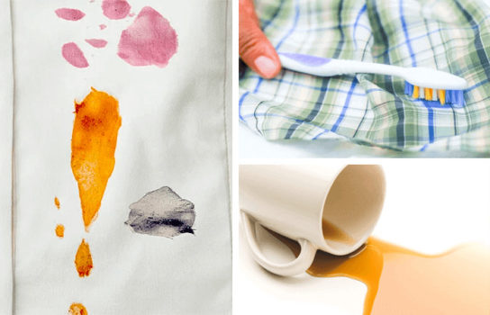 A series of photos showcasing common stains on a shirt and providing tips for treating them.
Keywords: common stains, treating