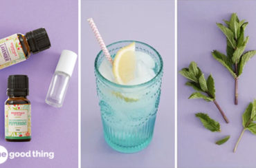 Tummy Taming Tips: Refresh yourself with a glass of water infused with mint leaves and accompanied by a bottle of essential oil.