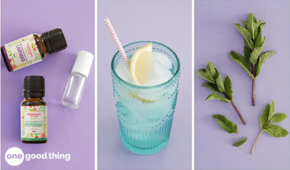 Tummy Taming Tips: Refresh yourself with a glass of water infused with mint leaves and accompanied by a bottle of essential oil.