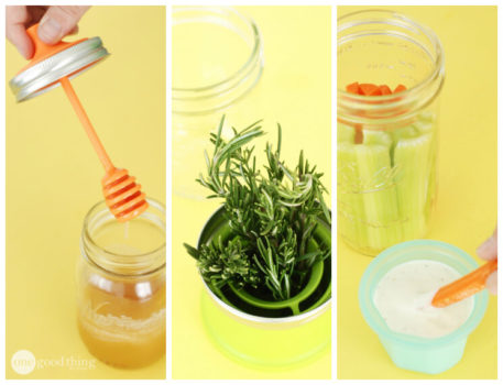 A series of full-width photos demonstrating the steps to make honey and carrot juice in a Mason jar.