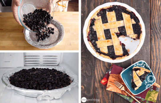 A collage of photos demonstrating the step-by-step process of making a delicious blueberry pie using frozen pie filling.