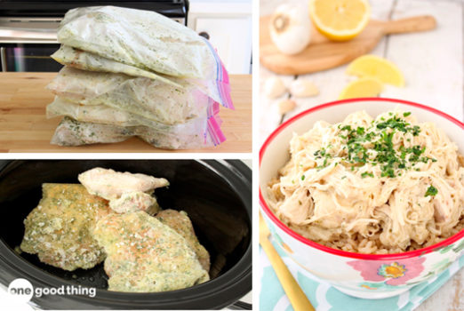 A collage of pictures featuring succulent dump chicken recipes cooked in a slow cooker.