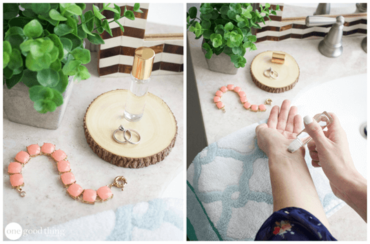 Two pictures of a woman applying lotion on her hands using essential oil.