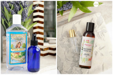 A bottle of essential oil and a bottle of perfume on a table, offering relief for hot flashes.