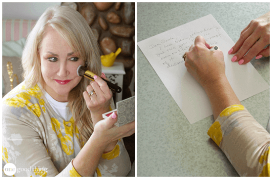 Two pictures of a left-handed woman writing on a piece of paper.