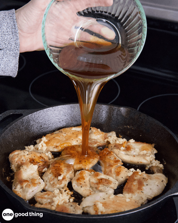 Step 4: Next, pour the liquid mixture from the bowl into the pan. Cook the liquid and chicken together until the sauce thickens slightly, about 3-4 minutes.