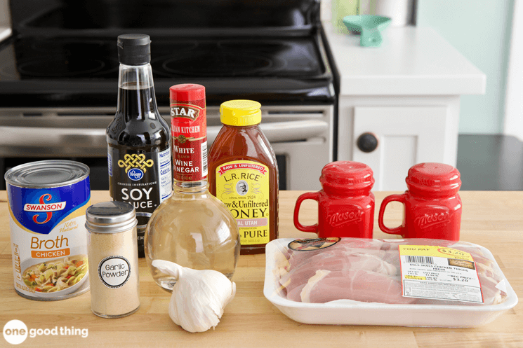 ingredients for honey garlic chicken and rice recipe sitting on a kitchen counter