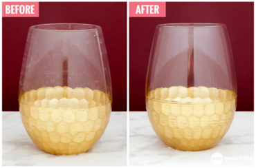 Before and after photos of a glass with hard water spots and the same glass sparkling clean.