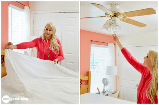 Two pictures of a woman carefully placing crisp bedsheets on a bed.