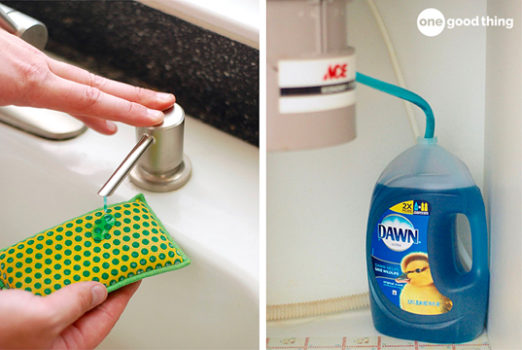 Two pictures of a person using a sponge to clean a sink with a built-in soap dispenser.
