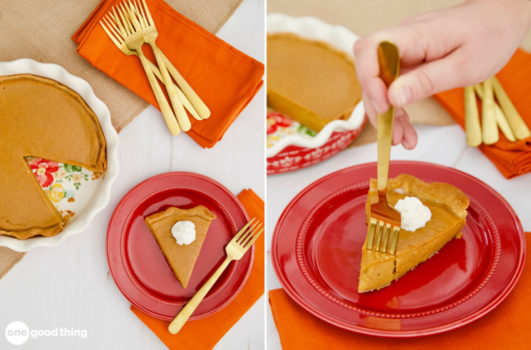 A side-by-side image of a round baking pan with baked and cut pumpkin pie, a table mat with four forks on top, and a plate with a fork and a slice of pumpkin pie topped with whipped cream. The other side's image has a woman's hand cutting a bite of pumpkin pie with a fork.