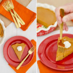 A side-by-side image of a round baking pan with baked and cut pumpkin pie, a table mat with four forks on top, and a plate with a fork and a slice of pumpkin pie topped with whipped cream. The other side's image has a woman's hand cutting a bite of pumpkin pie with a fork.