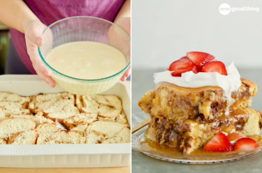Two pictures of french toast with whipped cream and strawberries.