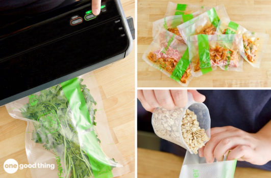 A person is using a vacuum sealer to put food into a vacuum seal bag.