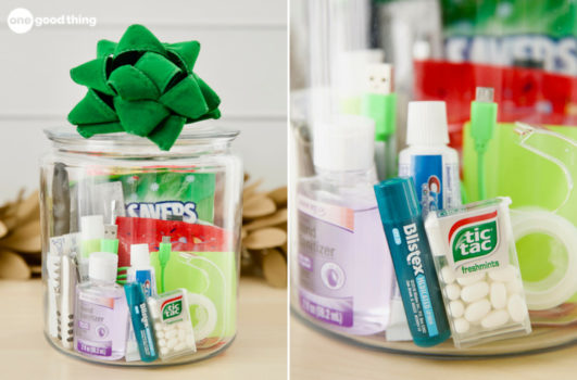 A jar filled with toiletries and a bow, perfect for gifting on the cheapest days.