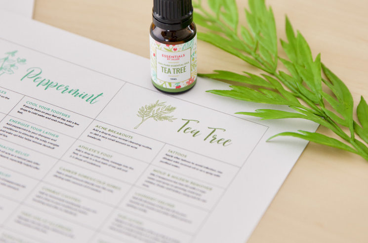 A sheet of paper with a bottle of tea tree essential oil on it, offering relief for everyday aches.