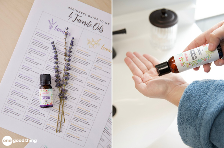 A person is holding a bottle of lavender essential oil, which helps alleviate everyday aches.