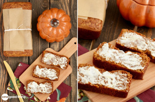 A side-by-side image of a pumpkin decoration piece, a tray with three slices of pumpkin bread topped with cream cheese. a butter knife and a wrapped loaf of gluten-free pumpkin bread placed on a wooden surface or rack.
