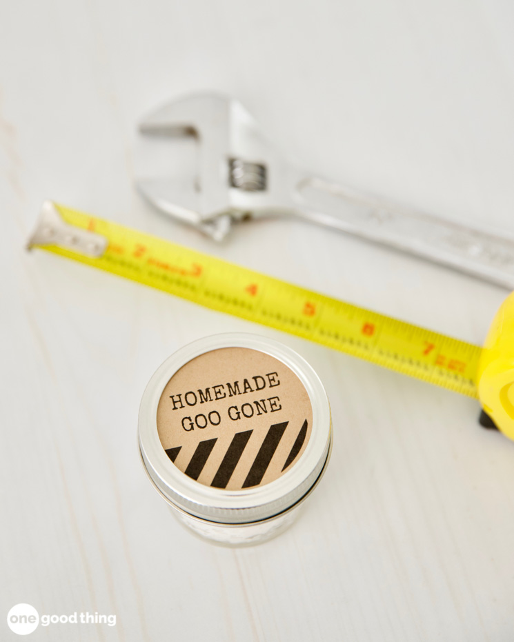 DIY Goo Gone Gunk Remover small jar of DIY Goo Gone Gunk Remover with lid labeled