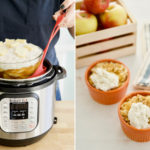 Two-panel image showing an Instant Pot being used to create an apple dump cake on the left, and finished servings with ice cream on the right.
