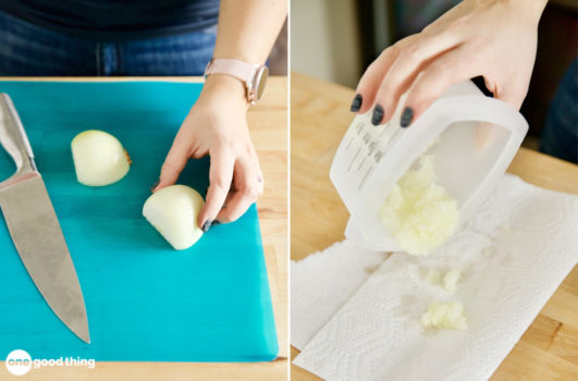 Two images side by side: on the left, a person cutting an onion on a blue cutting board with a knife; on the right, the same person pouring grated onions from a container onto a paper towel.