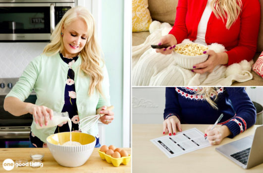 A side-by-side image of Jillee preparing her birthday cake, writing down her thoughts, and sitting on the sofa with popcorns.