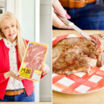 collage of two images showing a woman holding up a package of cheap steak and then cutting into a cooked steak